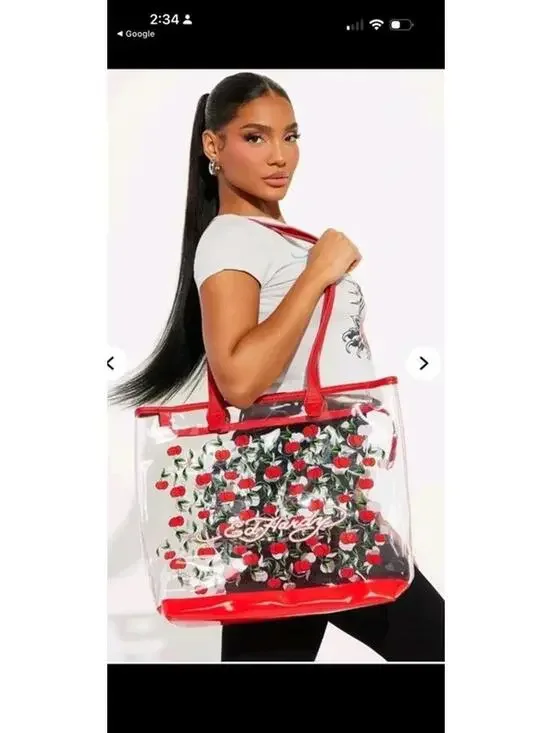 Ed Hardy Clear Cherry Tote Bag Large PVC Swim Beach Bag w Pouch NWT Y2K - Picture 2 of 9